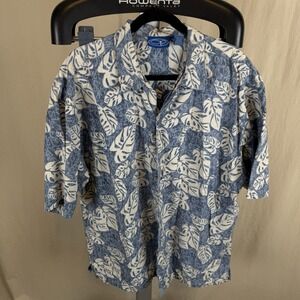 OP Men's XL Short Sleeve Blue And Cream Leaf Print All Cotton Aloha Shirt VTG